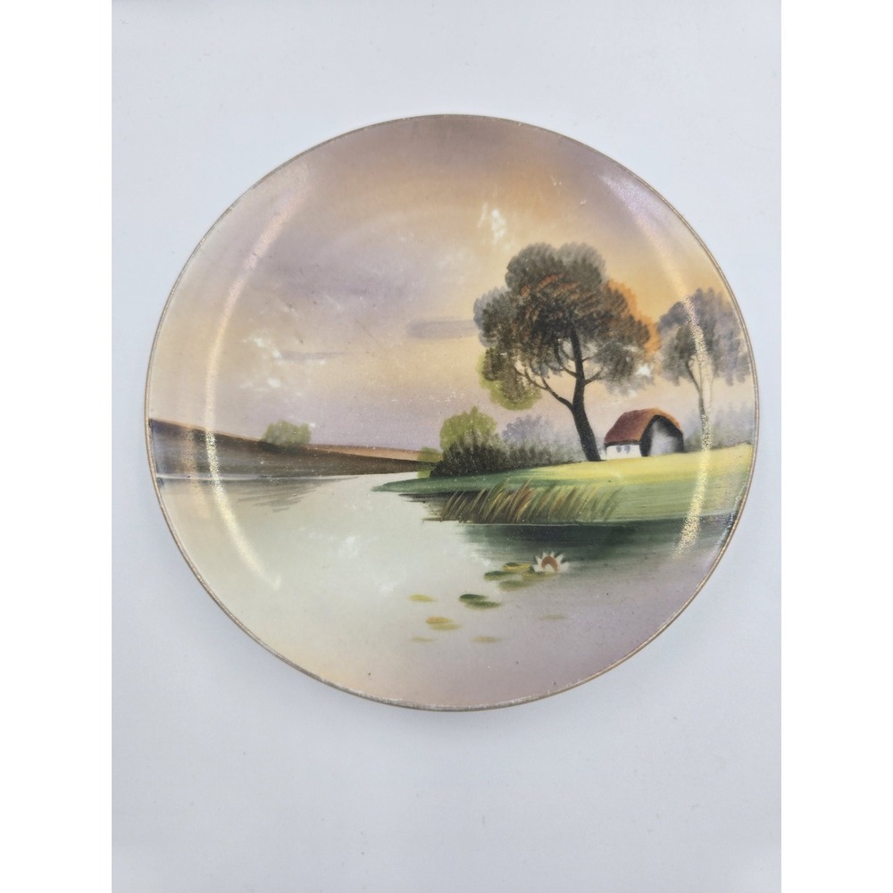 Vintage Nippon Hand Painted Porcelain Plate Scenic‎ River Cottage Gold Trim